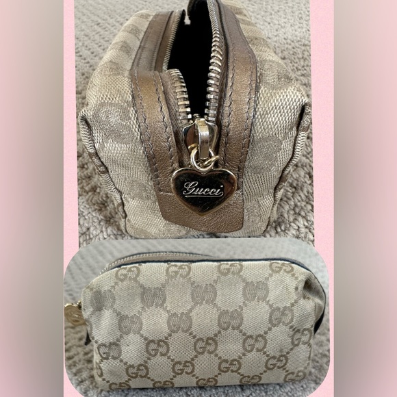 Gucci Handbags - Authentic Y2K Vintage Gucci Brown Logo & Heart Gold Charm Zippered Makeup Bag